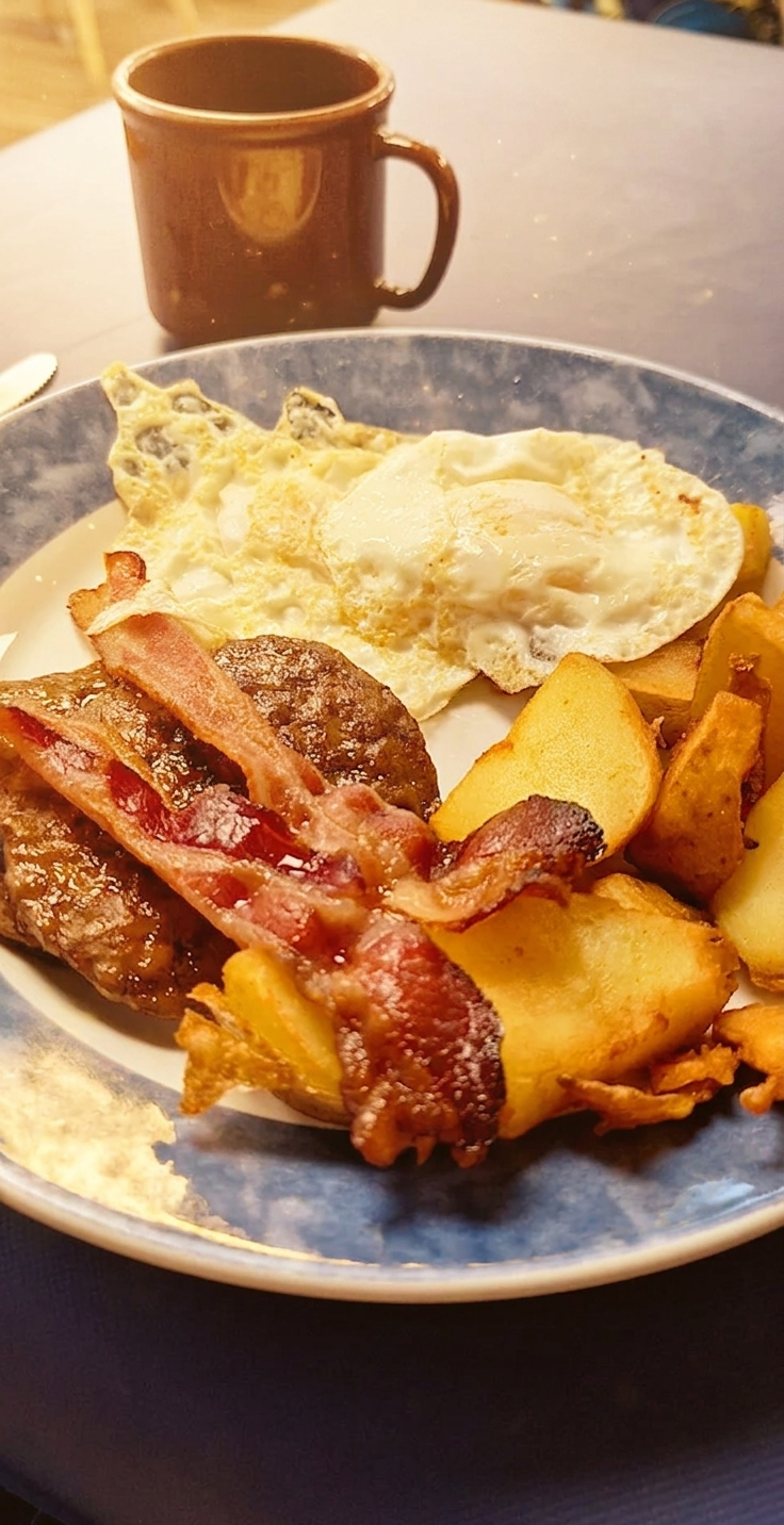 Two eggs with sausage patties, bacon, home-fried potatoes and a brown diner mug on a blue table