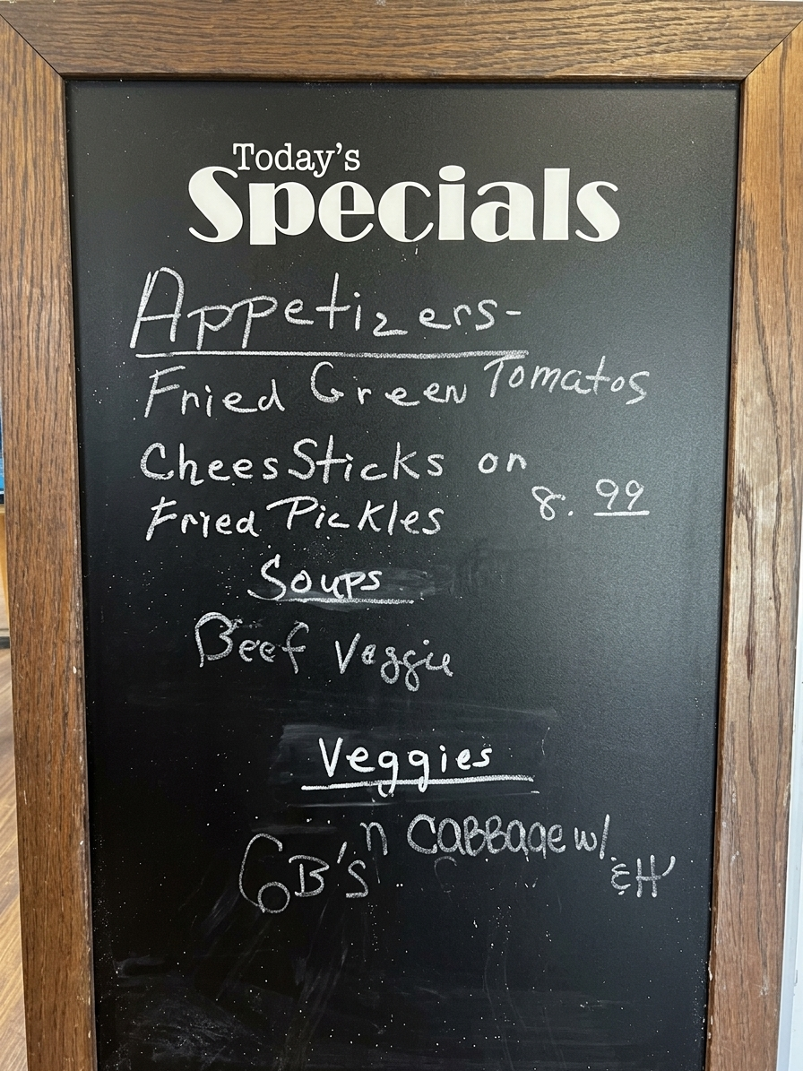 Barbara's wooden-framed 'Today's Specials' handwritten chalkboard